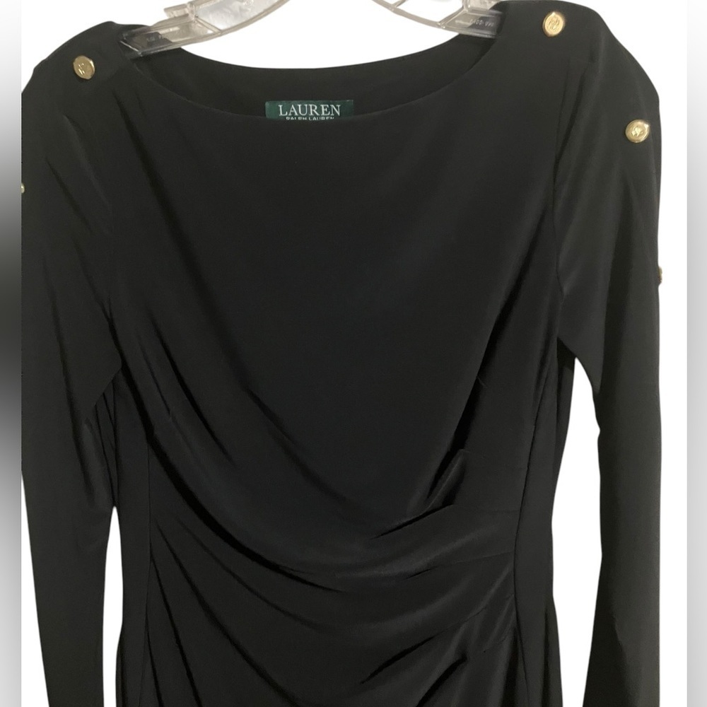 Lauren Ralph Lauren Slimming Blk Ruched Knee Lgth ButtonSleeve Detail Drees Sz 2 - Picture 6 of 10